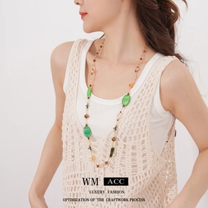 Bohemian Long Beaded Necklace Green Agate Glass Shell Vintage Ethnic Style Sweater Chain For Women