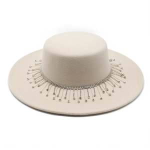 Classic beige felt boater hat featuring elegant rhinestone fringe tassels on a wide brim