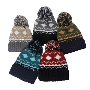 Winter Beanie Hat With Pom Pom Acrylic Fleece Lined Thermal Geometric Diamond Jacquard Knit Skull Cap For Men Women