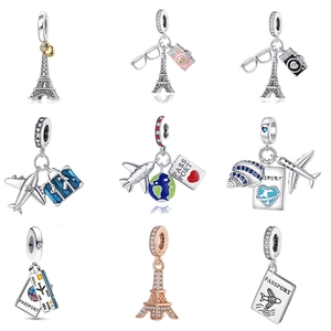 S925 Sterling Silver Travel Theme Charms Eiffel Tower Airplane Passport Camera Zircon DIY Jewelry Bracelet Pendant