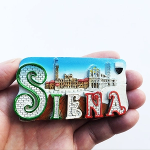 Detailed view of a hand-painted 3D resin Siena Italy souvenir magnet with 3D relief