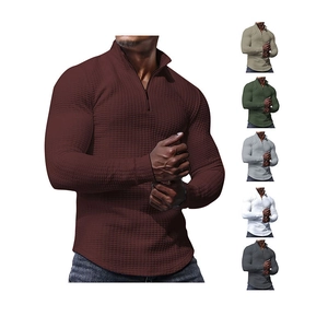Men's waffle knit quarter-zip pullover sweater with stand collar in multiple colors