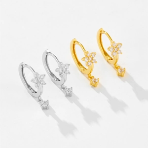 S925 sterling silver flower earrings with white zircon pendants in gold and silver