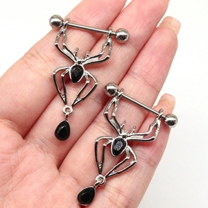 Piercings de mamelon araignée gothique en argent avec pierres noires en goutte d'eau