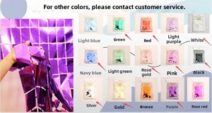 Detailed grid showing 15 metallic foil fringe curtain colors for party backdrop decor