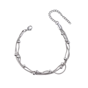 Three-layer stainless steel snake chain bracelet with polished beads and lobster clasp