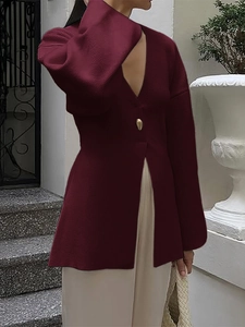 Elegant wine red knit cardigan with V-neck and gold button detail for women