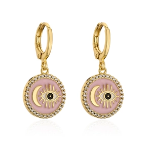 Detailed close-up of 18K gold plated eye and moon earrings with pink enamel and zircons