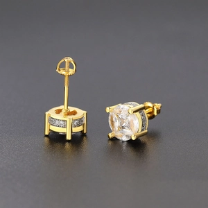 Hip hop round gold earrings with micro-pave cubic zirconia and screw backs for men