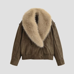 Veste Motard Femme En Suédine Avec Col En Fausse Fourrure Aviateur Vintage Streetwear Courte Marron