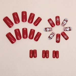 Medium square aurora red press-on nails with Christmas snowman and snowflake designs