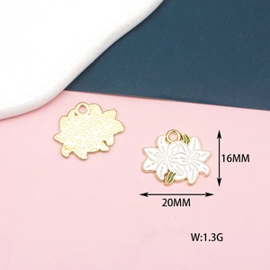 Detailed view of enamel flower charms showing front and back with size measurements