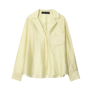 Women's light yellow long sleeve casual shirt with embroidered pocket and Cuban collar