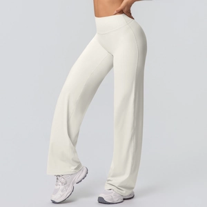Detail of high waisted wide leg yoga pants showing brushed fabric and elastic waistband