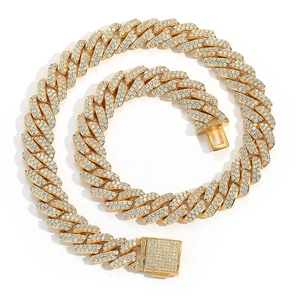 15mm gold Cuban link chain for men with double row cubic zirconia rhinestones