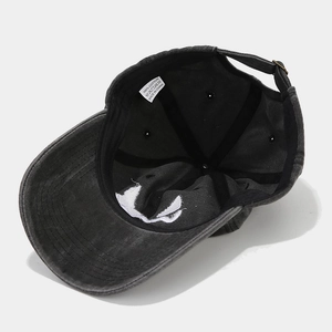 Distressed charcoal cotton baseball cap featuring adjustable strap and internal embroidery