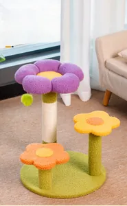 Detail of multi-level flower cat tree with sisal-wrapped scratching posts and dangling ball