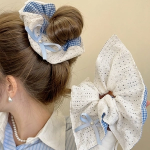 Blue Gingham Lace Scrunchie With Ribbon Bow And Faux Artificial Pearl Korean Sweet Large Hair Tie For Women Girls