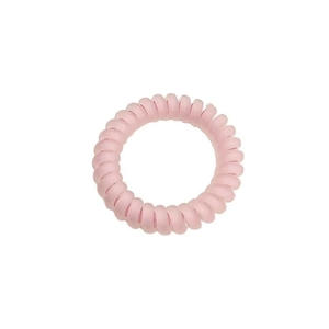 Detail of pink spiral phone cord hair tie with high-elasticity and seamless texture