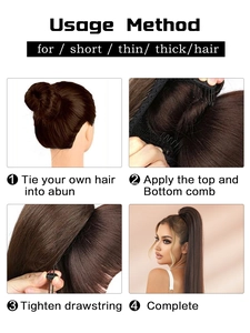 Step-by-step usage guide for long drawstring ponytail extension with combs and instructions