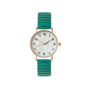 Détail d'une montre rétro dorée avec bracelet extensible vert de style accordéon