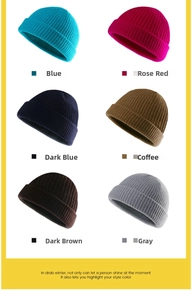 Detail view of ribbed knit beanies in six colors including blue, rose red, and coffee