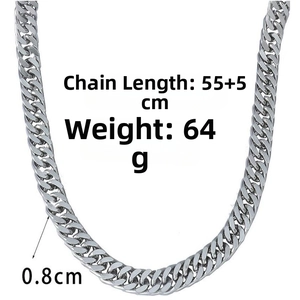 Detail view of 0.8cm silver Cuban link chain, 55+5cm length and 64g weight specifications