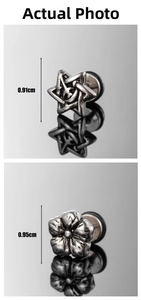 Detailed view of stainless steel star and flower stud earrings with dimensions 0.9cm