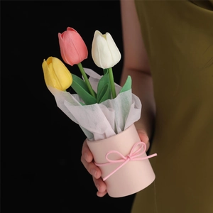 Handcrafted PU tulip bouquet in pink, yellow and white with ribbon and paper wrap