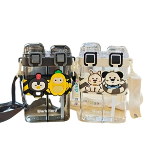 Dual-sipper cartoon square water bottle with adjustable strap and cute penguin design