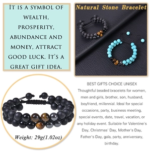 Detail view of double-layer beaded bracelet showing turquoise and tiger eye stones