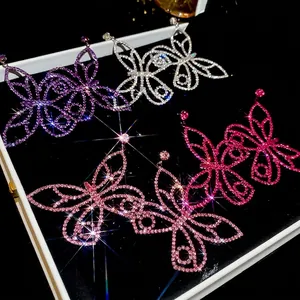 Butterfly Dangle Earrings Zircon Rhinestone Copper With 925 Sterling Silver Earring Post Luxury Chic Jewelry For Women
