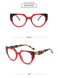 Detail view of red leopard TR90 cat eye glasses frames with positive and side angles