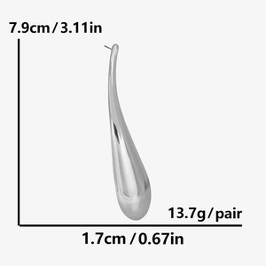 Detailed view of silver teardrop earring showing dimensions 7.9cm height and 1.7cm width
