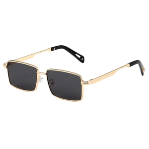 Retro square sunglasses with gold metal frame and dark grey UV lenses for driving