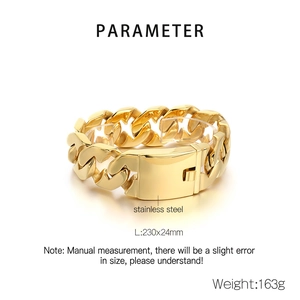 Detailed specs of 24mm wide gold stainless steel Cuban chain bracelet for men