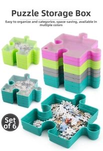 Set of 6 colorful puzzle-shaped storage boxes with clear lids for sorting puzzle pieces