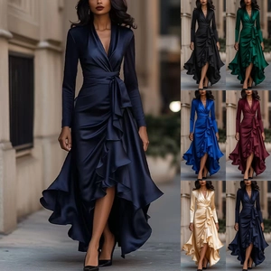 Women Elegant Satin V-Neck Ruffle Maxi Dress Long Sleeve Belted Waist Asymmetric Hem Party Evening Formal Gown Dress