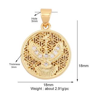 Detailed view of golden dove and cross charm with CZ stones and 18mm diameter specs