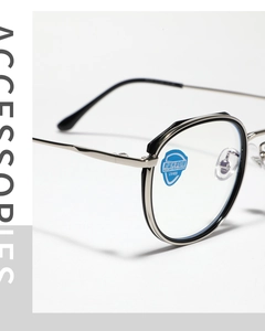 Detail view of TR90 round frame glasses with anti-blue light lenses and metal temples
