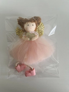 Detail of pink mesh dress angel doll ornament with gold wings and sequin heart