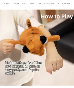 Demonstration of a plush tiger snap bracelet being worn on a child's wrist