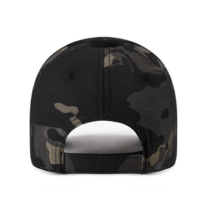 Tactical camo baseball cap with adjustable hook-and-loop strap and ripstop fabric texture