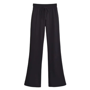 Detail of high waisted black flare trousers with adjustable drawstring and soft fabric