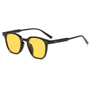 Retro square black frame sunglasses with yellow lenses and silver rivet accents