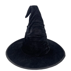 Detailed view of the wrinkled black velvet witch hat for Halloween costume accessory