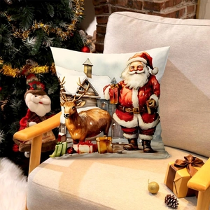 Christmas pillow cover with Santa and reindeer pattern on a cozy armchair with tree