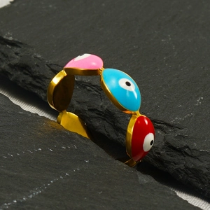 Adjustable gold stainless steel evil eye ring with colorful enamel inlay charms