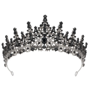 Detailed view of luxury black crystal tiara with sparkling rhinestones and metal finish