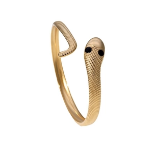 Luxurious gold stainless steel snake open bracelet with black gemstone eyes and textured scales